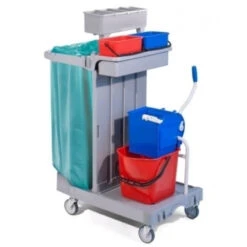 Carrello Multiuso Completo Di Reggisacco Modello CA1614 Secchio Plastica Lt.15, Strizzatore In Plastica Cassetta In Plastica Media Con N. 2 Secchi In Plastica Lt. 4 Cestino Portabottiglie