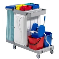 Carrello Multiuso Completo Di Reggisacco Modello CA1616 2 Secchi Plastica Lt.15, Strizzatore In Plastica Cassetta In Plastica Media Con N. 4 Secchi In Plastica Lt. 4 Cestino Portabottiglie